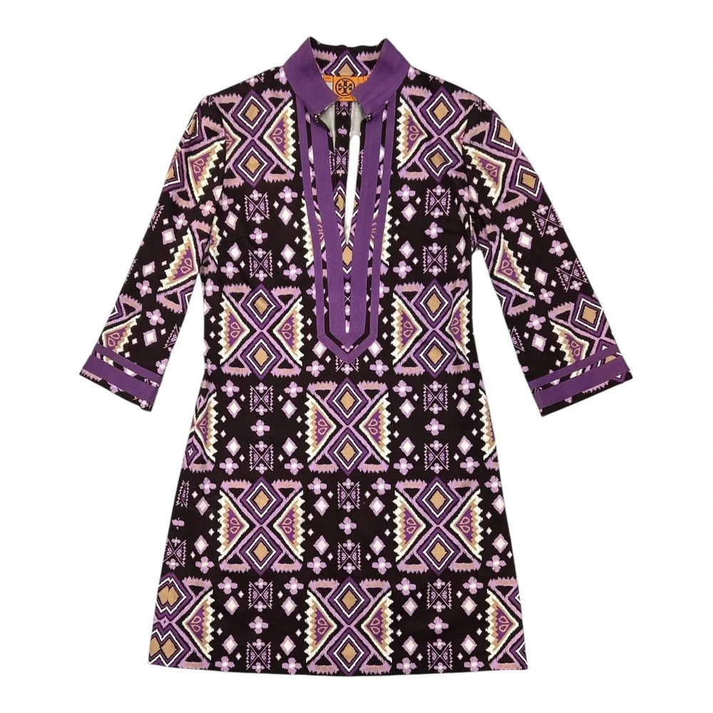 Tory Burch Purple Ikat Stretch Cotton Tunic Dress 6 Mediterranean Coastal Chic‎